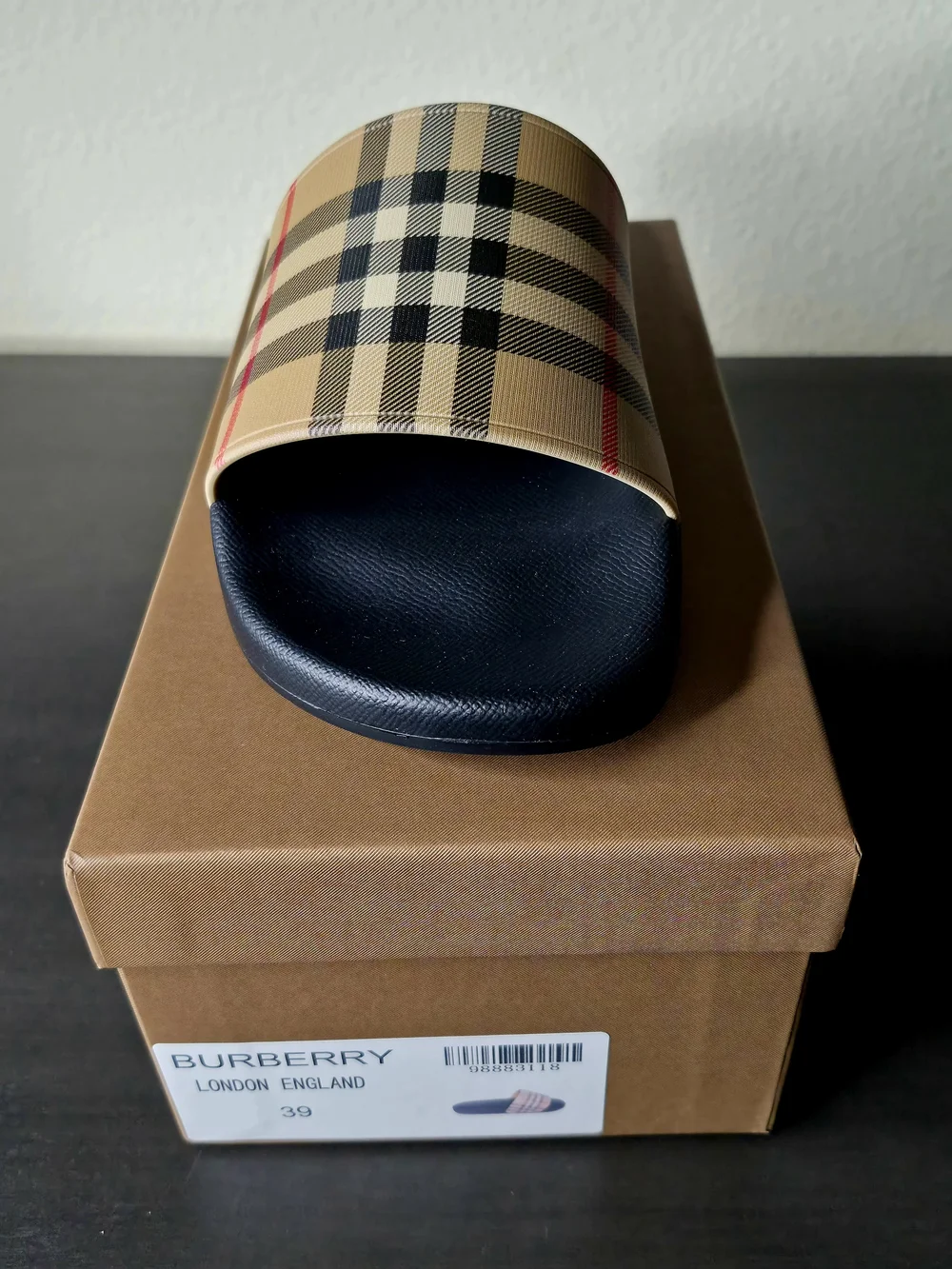 Burberry Men's Black Slide Sandals with Vintage Check Strap( No Authentic)